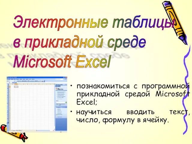 познакомиться с программной прикладной средой Microsoft Excel; научиться вводить текст, число, формулу