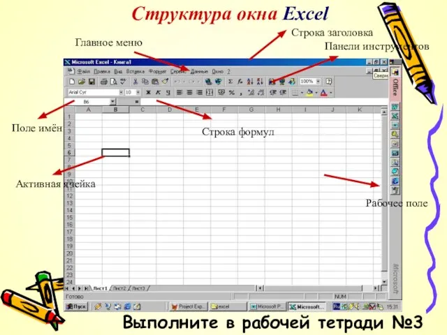 Структура окна Excel Главное меню Рабочее поле Панели инструментов Строка заголовка Активная