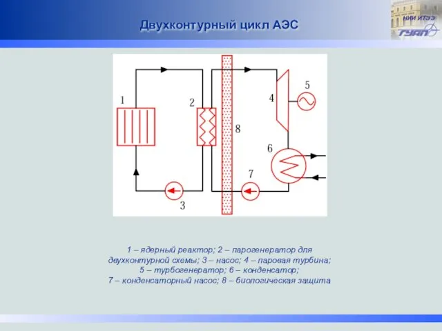 Двухконтурный цикл АЭС 1 – ядерный реактор; 2 – парогенератор для двухконтурной