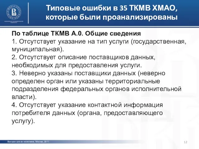 Высшая школа экономики, Москва, 2011 Типовые ошибки в 35 ТКМВ ХМАО, которые