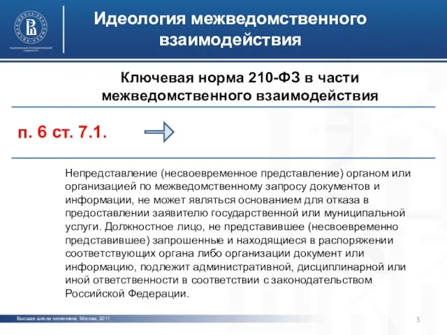 Высшая школа экономики, Москва, 2011 фото Идеология межведомственного взаимодействия Ключевая норма 210-ФЗ