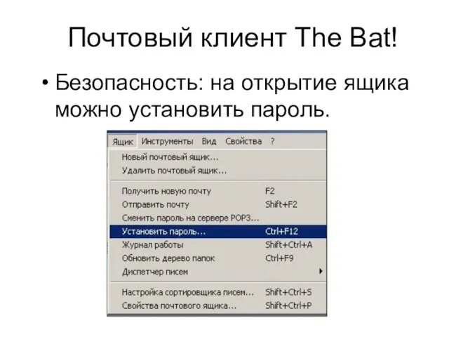 Безопасность: на открытие ящика можно установить пароль. Почтовый клиент The Bat!