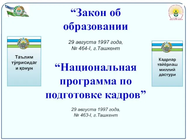 “Закон об образовании 29 августа 1997 года, № 464-I, г.Ташкент “Национальная программа