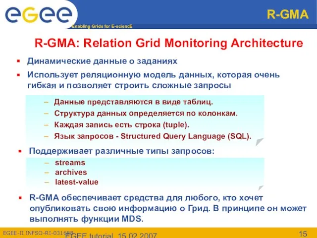 EGEE tutorial, 15.02.2007 R-GMA R-GMA: Relation Grid Monitoring Architecture Поддерживает различные типы