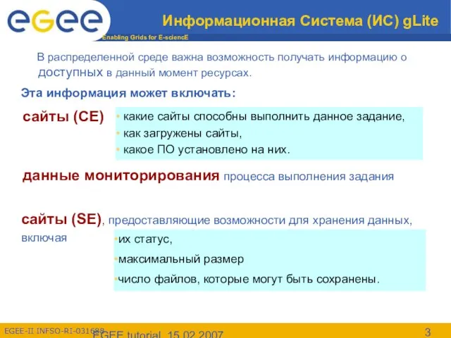 EGEE tutorial, 15.02.2007 Информационная Система (ИС) gLite В распределенной среде важна возможность