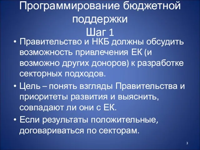 Программирование бюджетной поддержки Шаг 1 Правительство и НКБ должны обсудить возможность привлечения