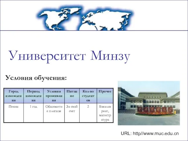 Университет Минзу Условия обучения: URL: http//www.muc.edu.cn