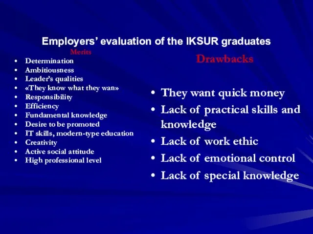 Employers’ evaluation of the IKSUR graduates Merits Determination Ambitiousness Leader’s qualities «They