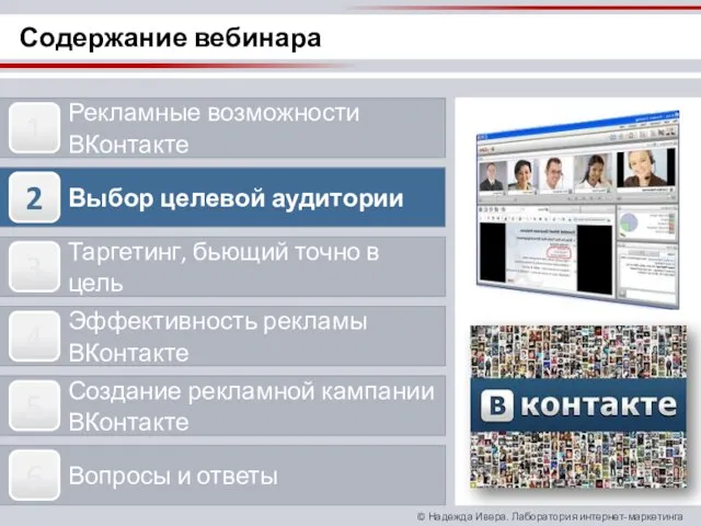 Содержание вебинара Рекламные возможности ВКонтакте Выбор целевой аудитории Таргетинг, бьющий точно в