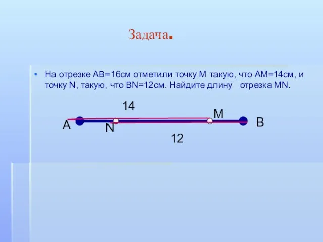 Задача. На отрезке АВ=16см отметили точку М такую, что АМ=14см, и точку