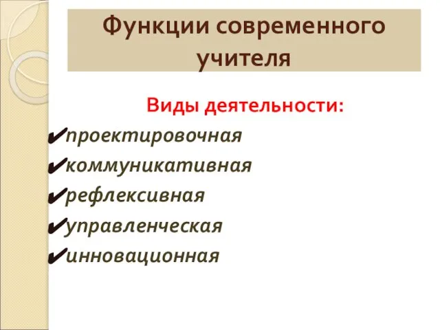 Функции современного учителя Виды деятельности: проектировочная коммуникативная рефлексивная управленческая инновационная