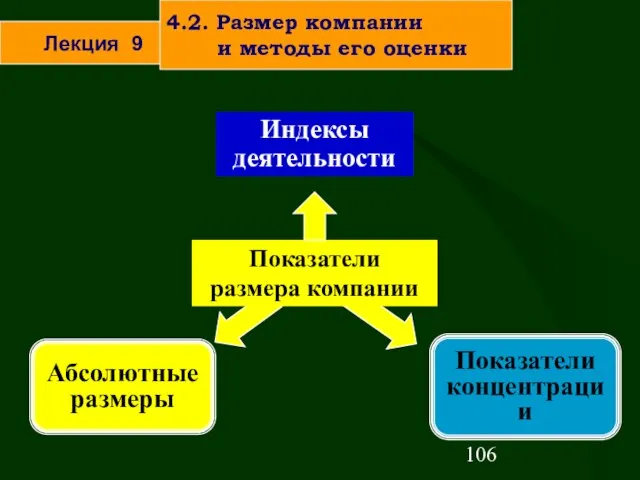 Индексы деятельности Показатели концентрации Абсолютные размеры Показатели размера компании Лекция 9 4.2.