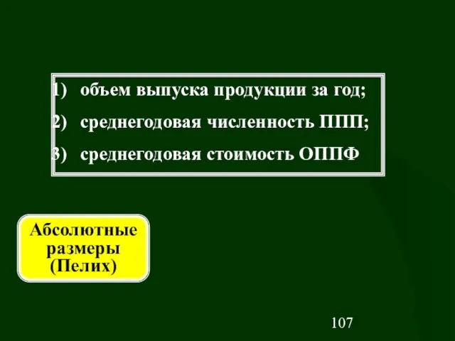 Абсолютные размеры (Пелих) объем выпуска продукции за год; среднегодовая численность ППП; среднегодовая стоимость ОППФ