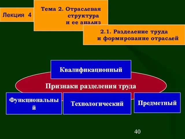 Признаки разделения труда Функциональный Квалификационный Технологический Предметный Лекция 4 Тема 2. Отраслевая