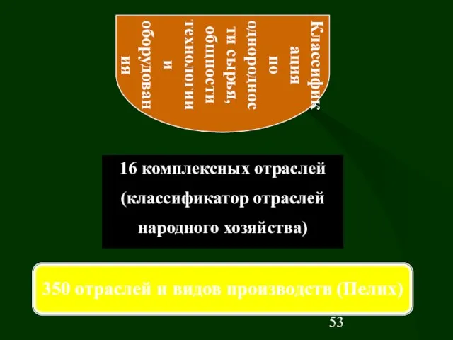 350 отраслей и видов производств (Пелих) 16 комплексных отраслей (классификатор отраслей народного