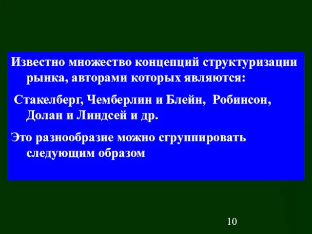 Известно множество концепций структуризации рынка, авторами которых являются: Стакелберг, Чемберлин и Блейн,