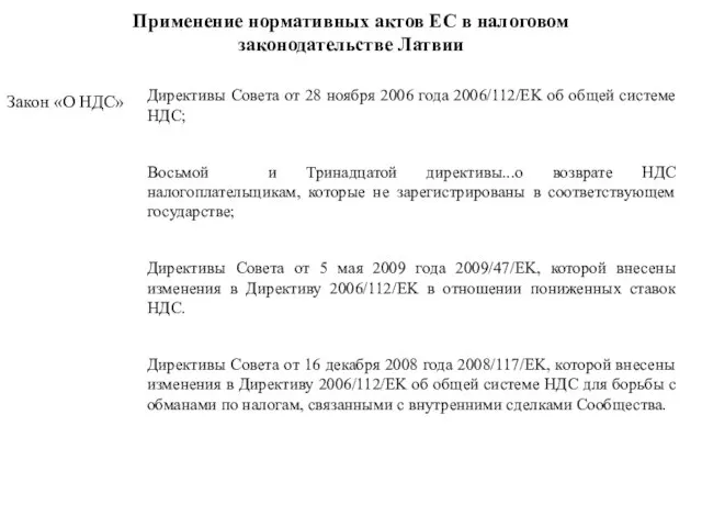 Применение нормативных актов ЕС в налоговом законодательстве Латвии Закон «О НДС» Директивы