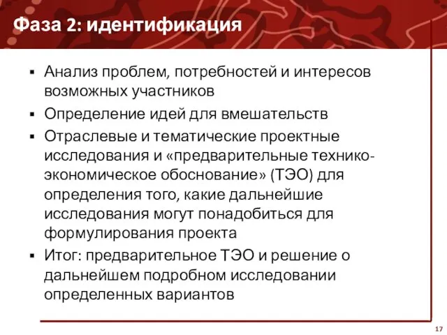 Фаза 2: идентификация Анализ проблем, потребностей и интересов возможных участников Определение идей