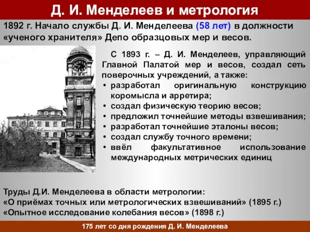 Д. И. Менделеев и метрология 1892 г. Начало службы Д. И. Менделеева