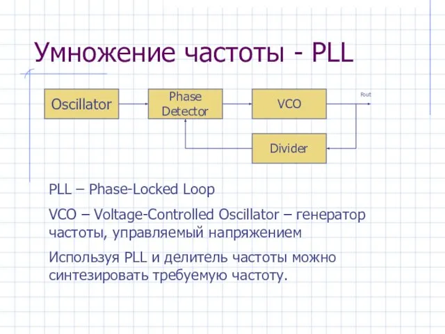 Умножение частоты - PLL Oscillator Phase Detector VCO Divider Fout PLL –