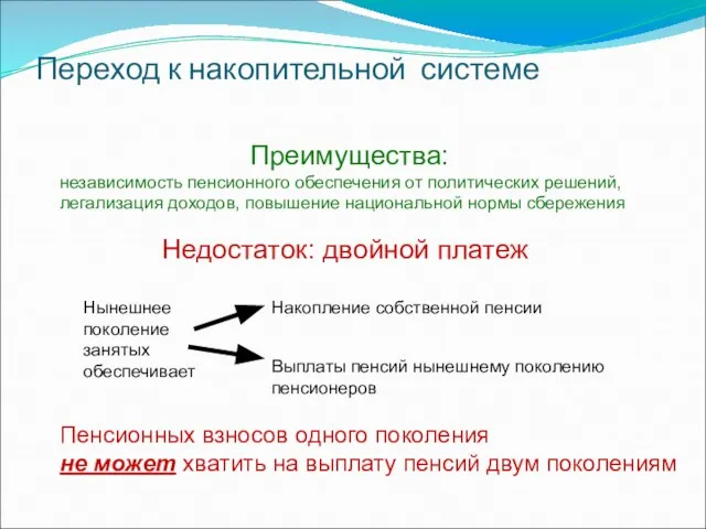 Переход к накопительной системе Пенсионных взносов одного поколения не может хватить на