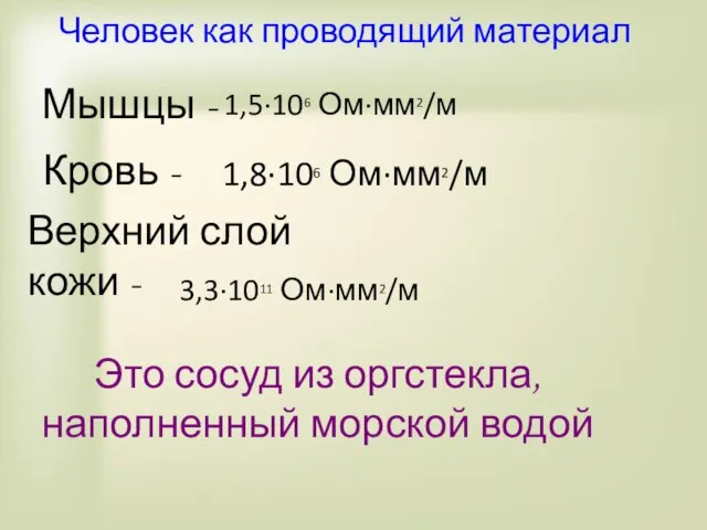 Человек как проводящий материал Мышцы - 1,5·106 Ом·мм2/м Кровь - 1,8·106 Ом·мм2/м