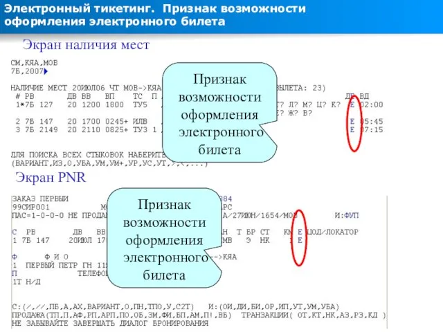 Электронный тикетинг. Признак возможности оформления электронного билета Экран наличия мест Экран PNR