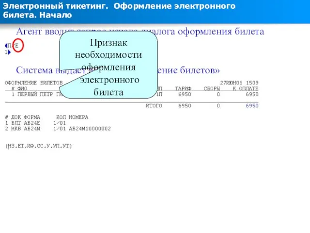 Электронный тикетинг. Оформление электронного билета. Начало Агент вводит запрос начала диалога оформления