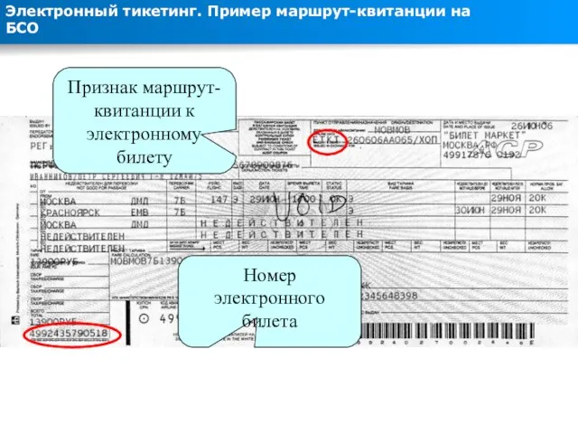 Электронный тикетинг. Пример маршрут-квитанции на БСО Номер электронного билета Признак маршрут-квитанции к электронному билету