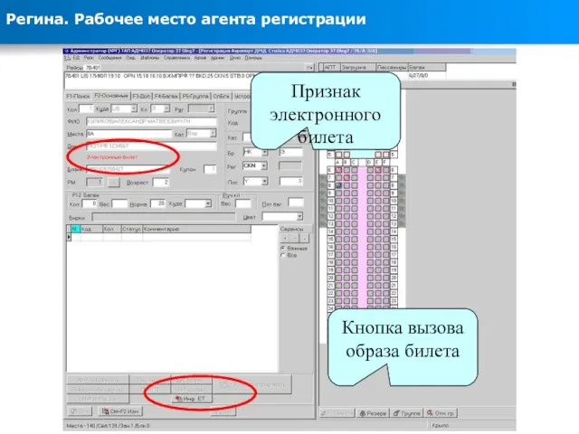 Регина. Рабочее место агента регистрации Кнопка вызова образа билета Признак электронного билета