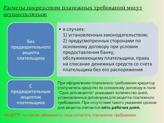 Расчеты посредством платежных требований могут осуществляться: АКЦЕПТ- согласие обязанного лица оплатить платежное