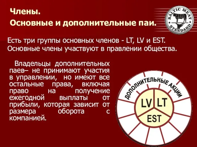 Члены. Основные и дополнительные паи. Есть три группы основных членов - LT,