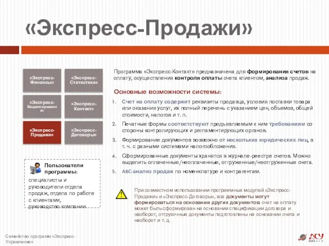 «Экспресс-Продажи» «Экспресс-Финансы» «Экспресс-Статистика» «Экспресс-Бюджетирование» «Экспресс- Контакт» «Экспресс-Продажи» «Экспресс-Договоры» Пользователи программы: специалисты и