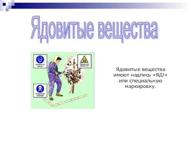 Ядовитые вещества имеют надпись «ЯД!» или специальную маркировку. Ядовитые вещества