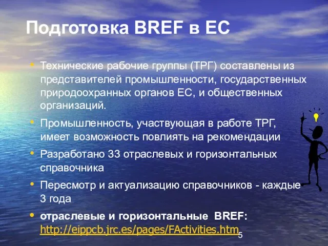 Подготовка BREF в ЕС Технические рабочие группы (ТРГ) составлены из представителей промышленности,