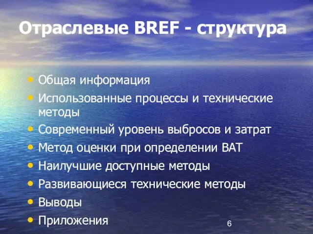 Отраслевые BREF - структура Общая информация Использованные процессы и технические методы Современный