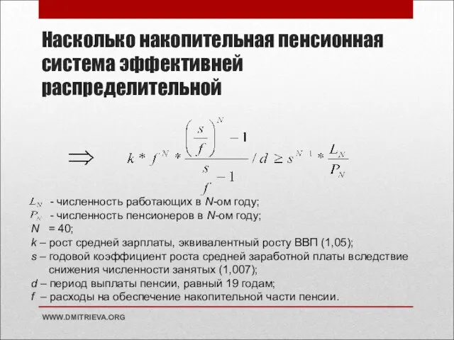 Насколько накопительная пенсионная система эффективней распределительной WWW.DMITRIEVA.ORG - численность работающих в N-ом