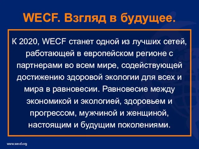 WECF. Взгляд в будущее. К 2020, WECF станет одной из лучших сетей,