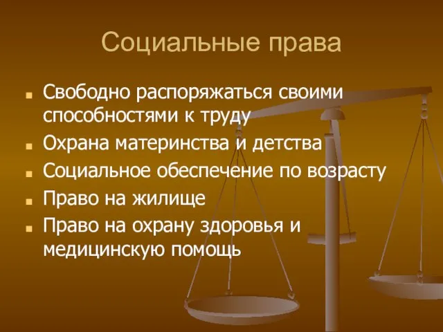 Социальные права Свободно распоряжаться своими способностями к труду Охрана материнства и детства