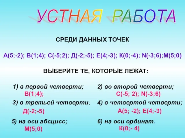 СРЕДИ ДАННЫХ ТОЧЕК А(5;-2); В(1;4); С(-5;2); Д(-2;-5); Е(4;-3); К(0;-4); N(-3;6);M(5;0) ВЫБЕРИТЕ ТЕ,