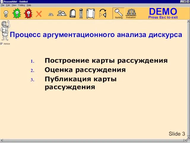 Процесс аргументационного анализа дискурса Построение карты рассуждения Оценка рассуждения Публикация карты рассуждения