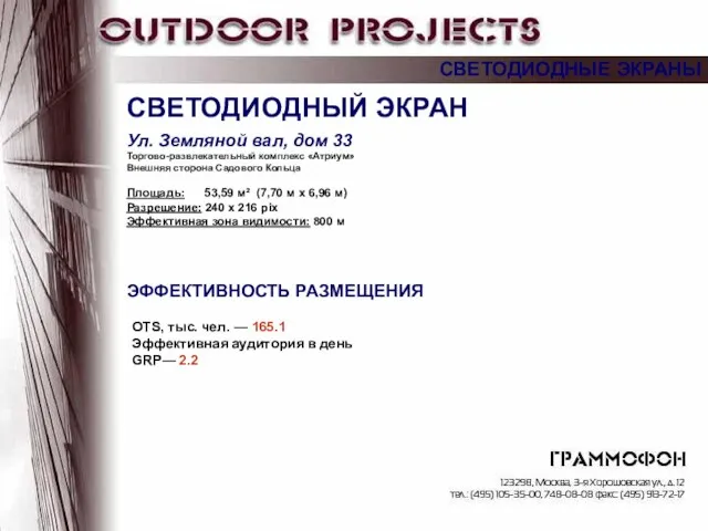 СВЕТОДИОДНЫЙ ЭКРАН ЭФФЕКТИВНОСТЬ РАЗМЕЩЕНИЯ Ул. Земляной вал, дом 33 Торгово-развлекательный комплекс «Атриум»