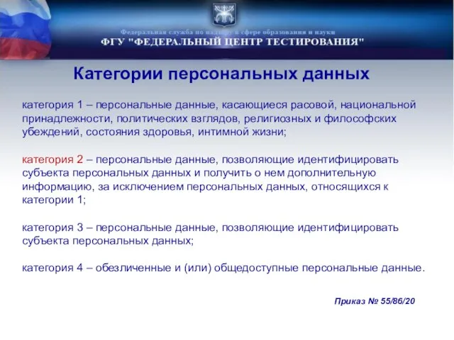 категория 1 – персональные данные, касающиеся расовой, национальной принадлежности, политических взглядов, религиозных