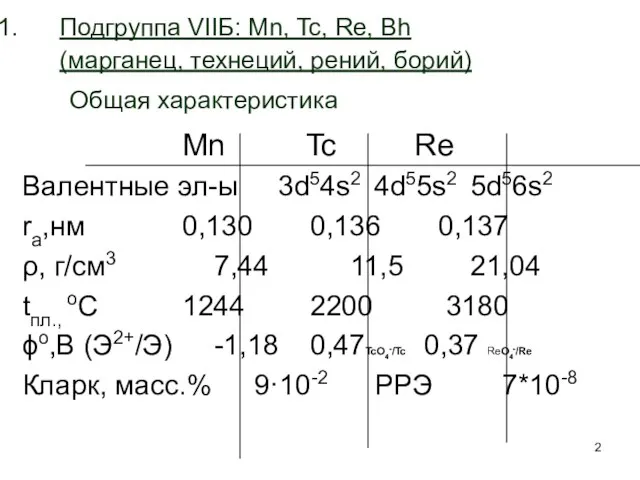 Подгруппа VIIБ: Mn, Tc, Re, Bh (марганец, технеций, рений, борий) Общая характеристика