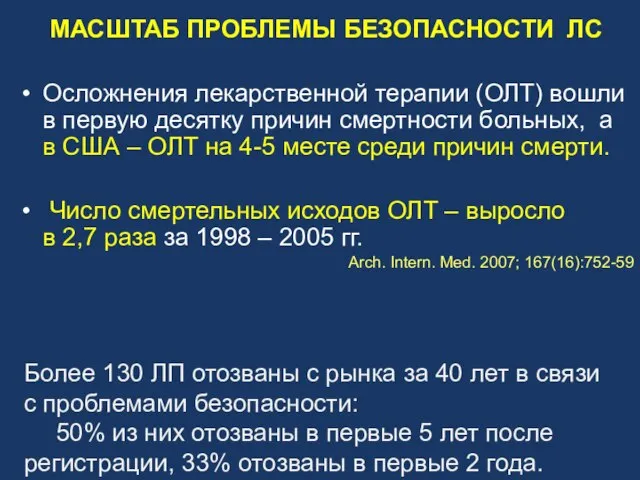 МАСШТАБ ПРОБЛЕМЫ БЕЗОПАСНОСТИ ЛС Осложнения лекарственной терапии (ОЛТ) вошли в первую десятку