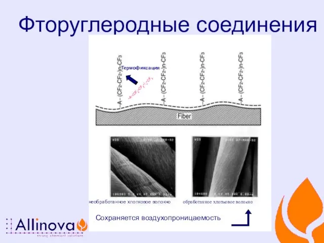 Фторуглеродные соединения -A-(CF2-CF2-)n-CF3 Термофиксация Сохраняется воздухопроницаемость необработанное хлопковое волокно обработанное хлопковое волокно