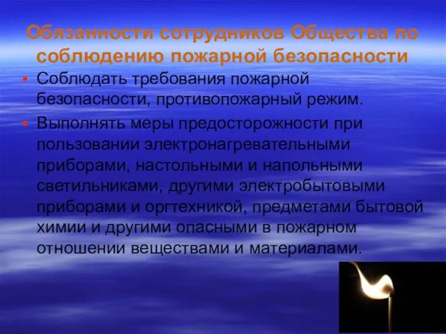 Обязанности сотрудников Общества по соблюдению пожарной безопасности Соблюдать требования пожарной безопасности, противопожарный