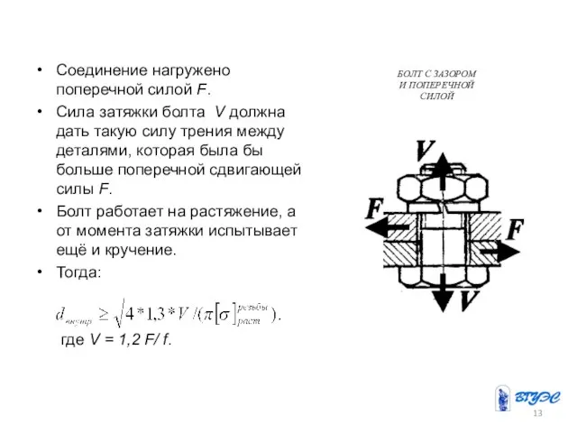 Соединение нагружено поперечной силой F. Сила затяжки болта V должна дать такую