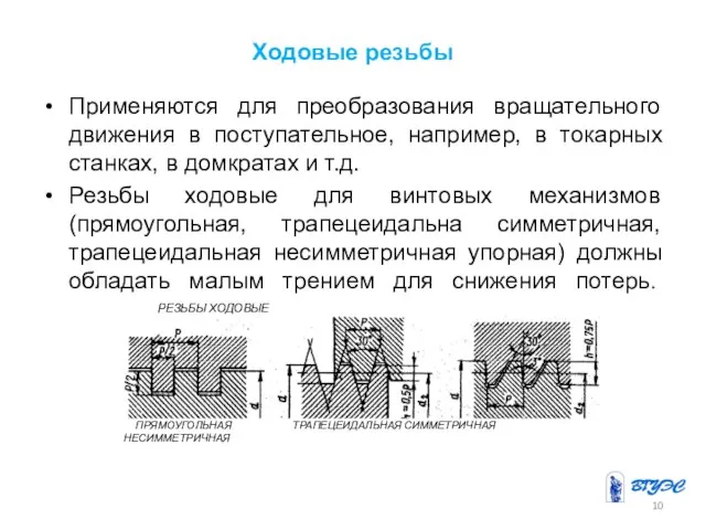 Ходовые резьбы Применяются для преобразования вращательного движения в поступательное, например, в токарных