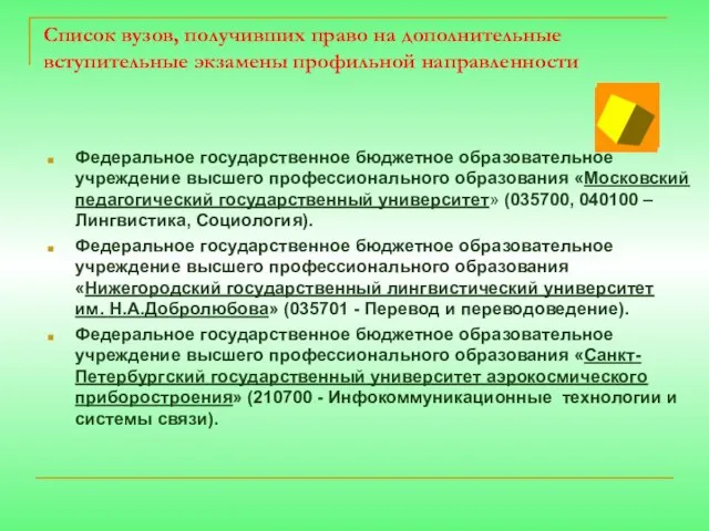 Список вузов, получивших право на дополнительные вступительные экзамены профильной направленности Федеральное государственное